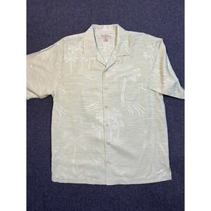 #A063 Tommy Bahama Mens Medium 100% Silk Camp Shirt Light Green Tonal Palm Tree